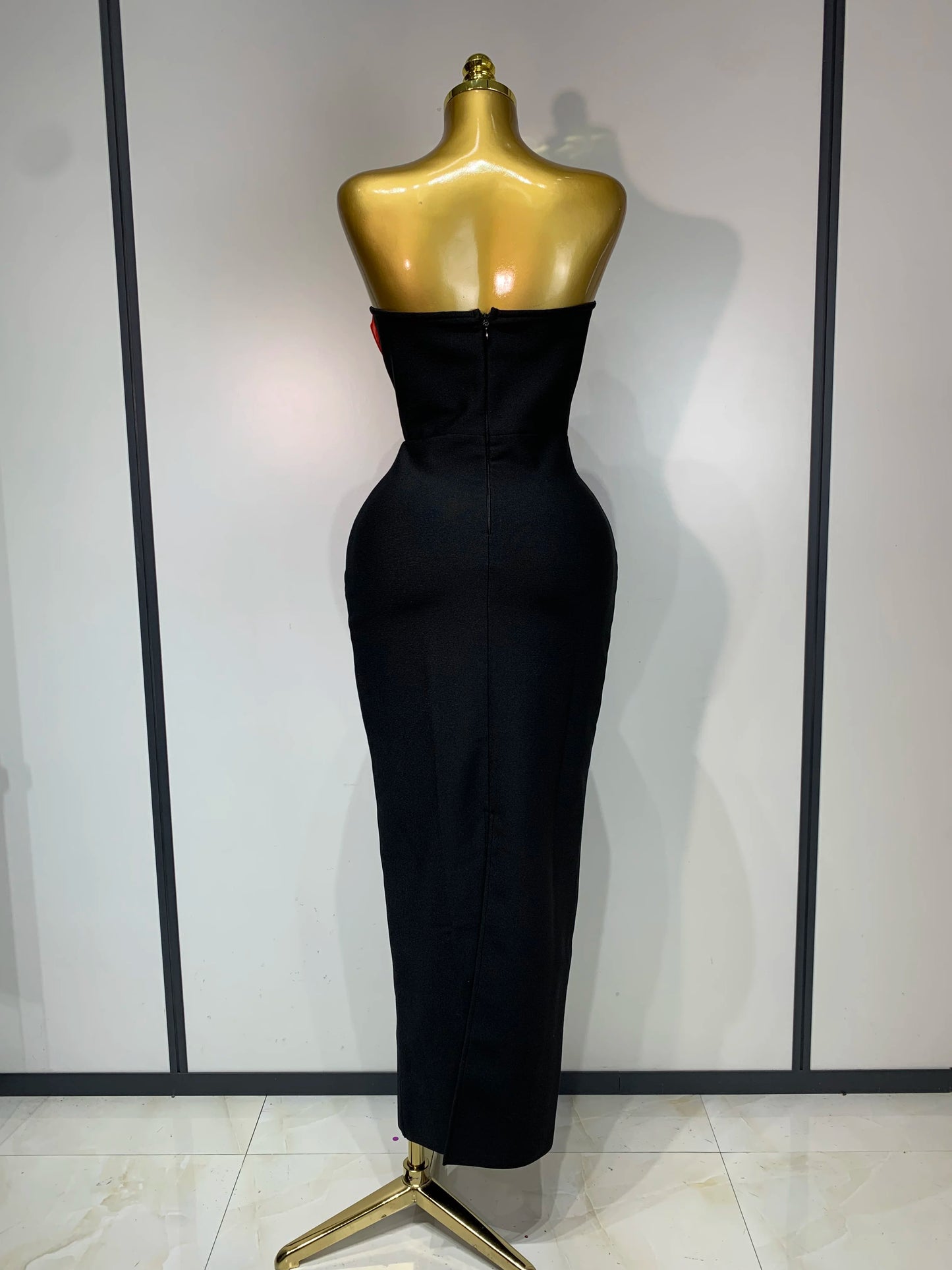 Sexy Strapless 3D Flowers Diamond Black Midi Bandage Elegant Evening Party Night Birthday Dress