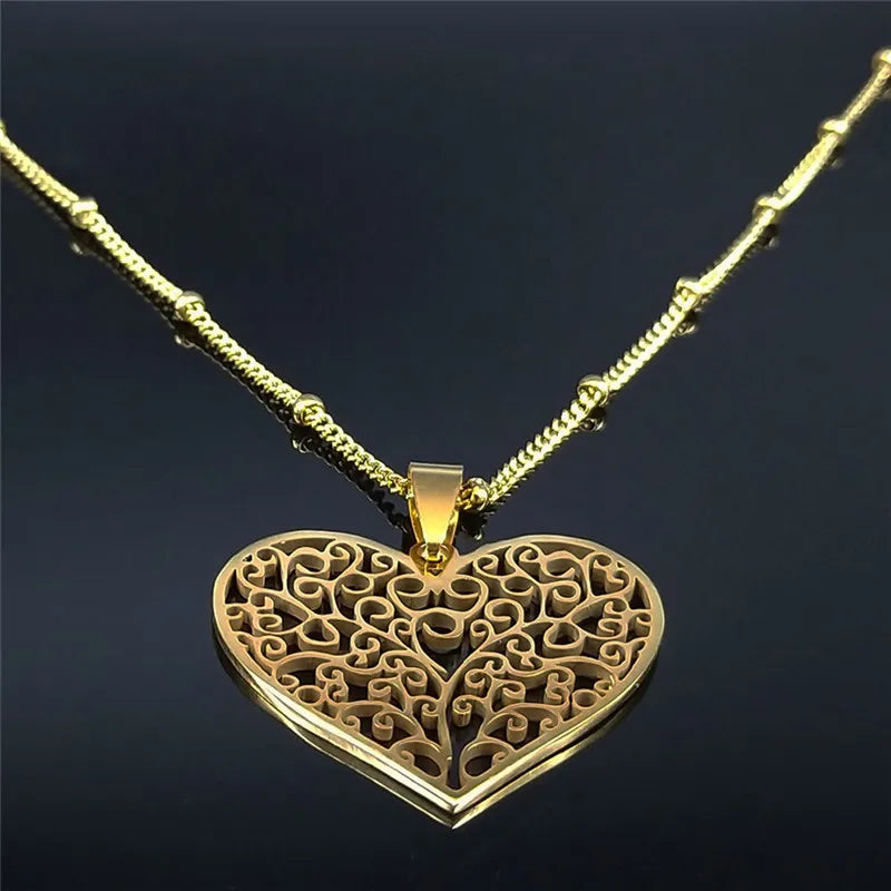 Aesthetic Love Heart Tree of Life Hollow Stainless Steel Gold Color Bead Chain Pendant Necklace