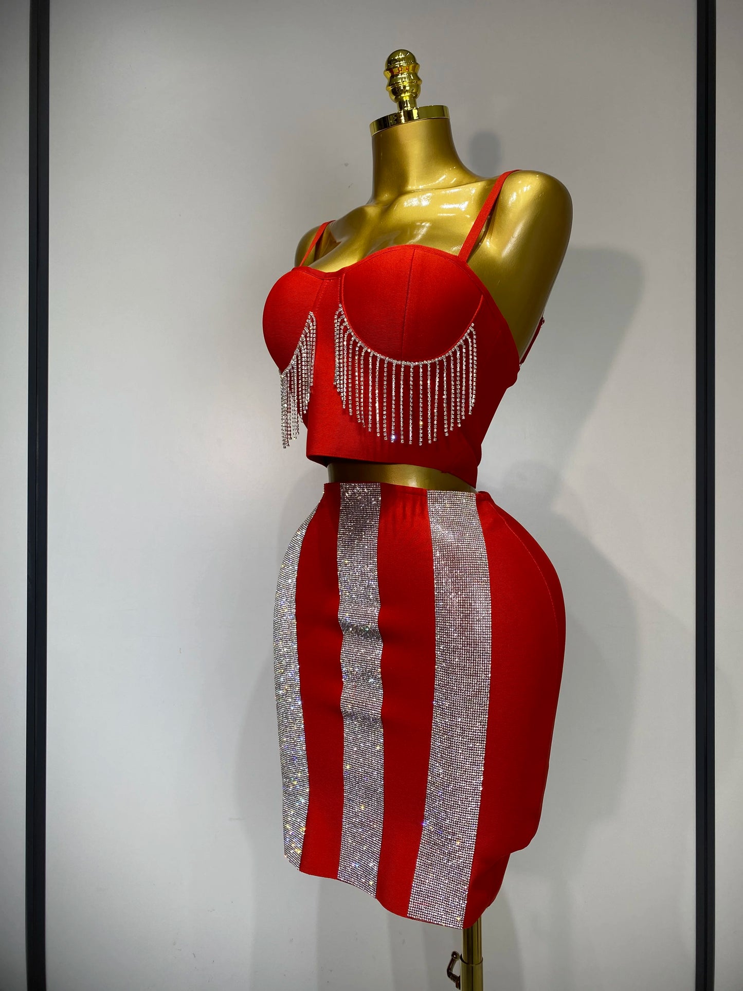 Sexy Sling Backless Tassels Bandage Skirt Two Piece Knitted Celebrity Prom Evening Birthday Dress