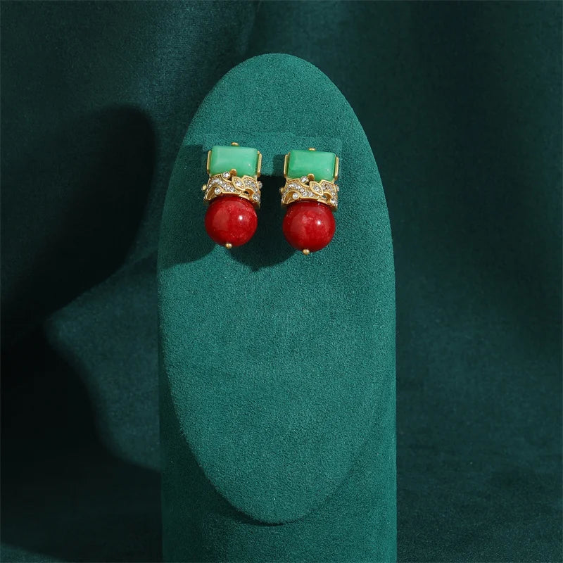 Antique Jewelry Green Natural Stone Red Glass Ball Stud Crown Vintage Wedding Earrings