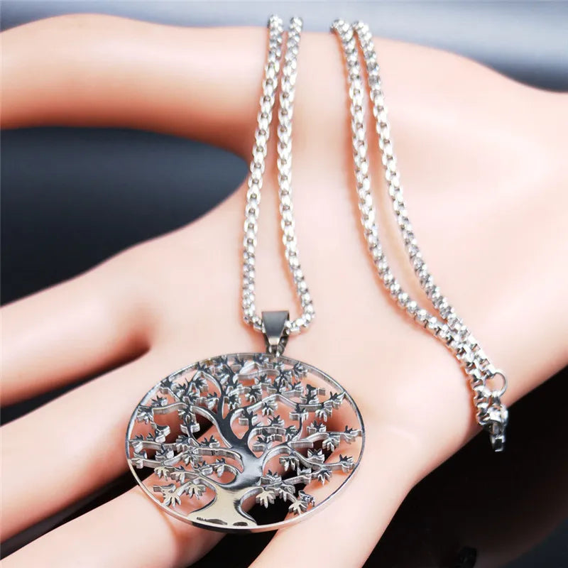 Tree of Life Stainless Steel Fashion Statement Necklace Silver Color Chain Necklace Pendant