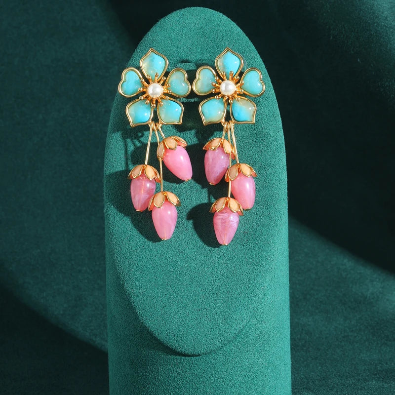Luxury Blue Flower Natural Stone Pink Strawberry Rose Quartz Drop Gold Color Earrings Dangle