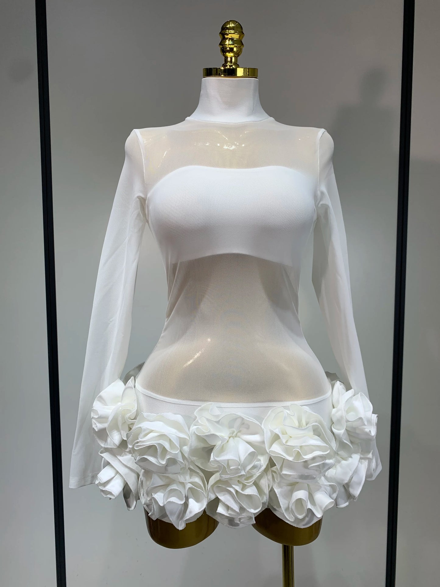 Sexy Mesh See through Stereoscopic Flowers White Red Mini Bandage Birthday Evening Party Dress