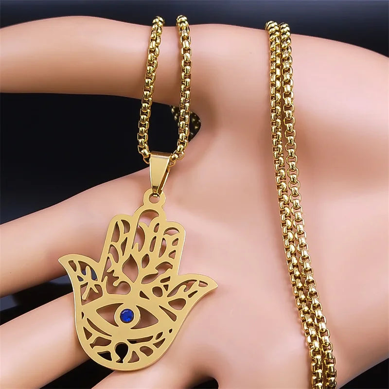 Hollow Fatima Hamsa Stainless Steel Gold Color Luck Hand Palm Blue Turkey Eye Pendants Necklace