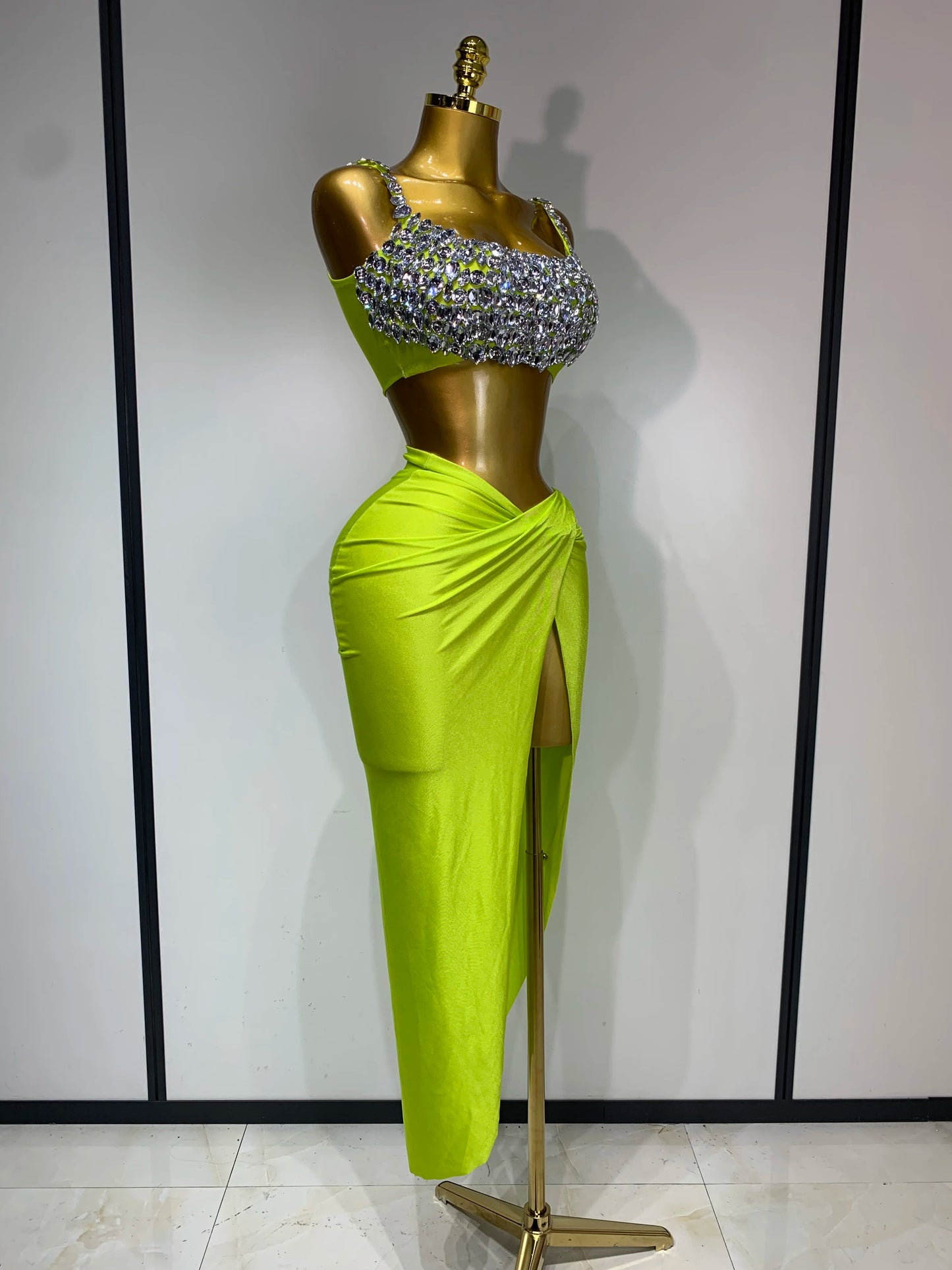 Women Sparkly Rhinestone Crop Tops Long Skirt Two Pieces Birthday Party Dinner Dress