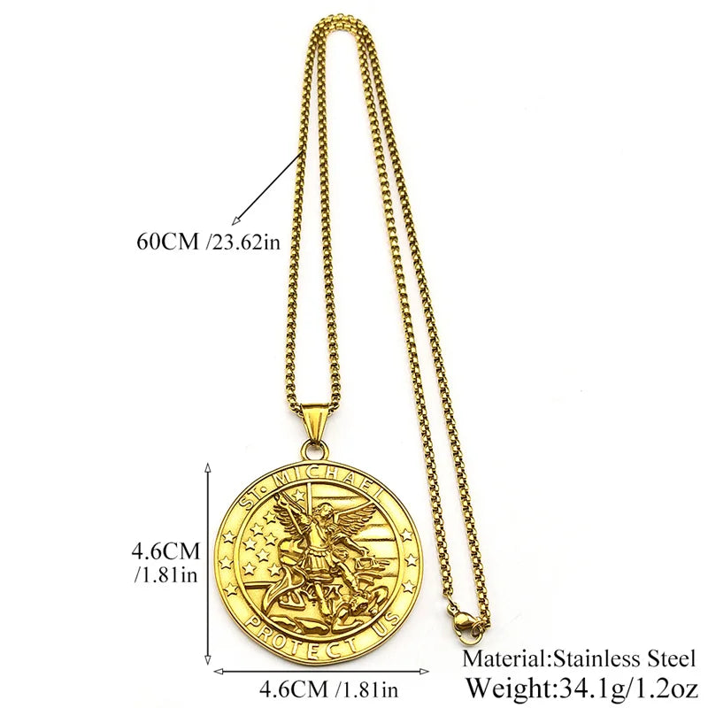 Women Men Stainless Steel Christian Saint Michael Archangel Protect Us Medal Chain Pendant Necklace