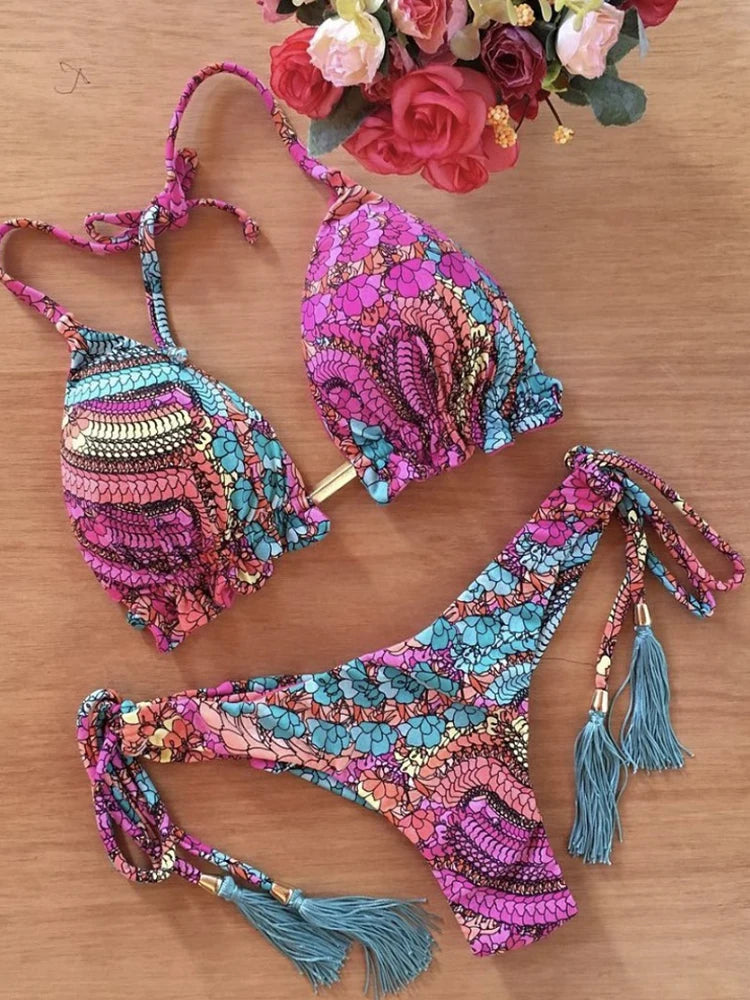 Sexy Floral Print Swimwear String Push Up Swimsuit Beach Bikini Suit