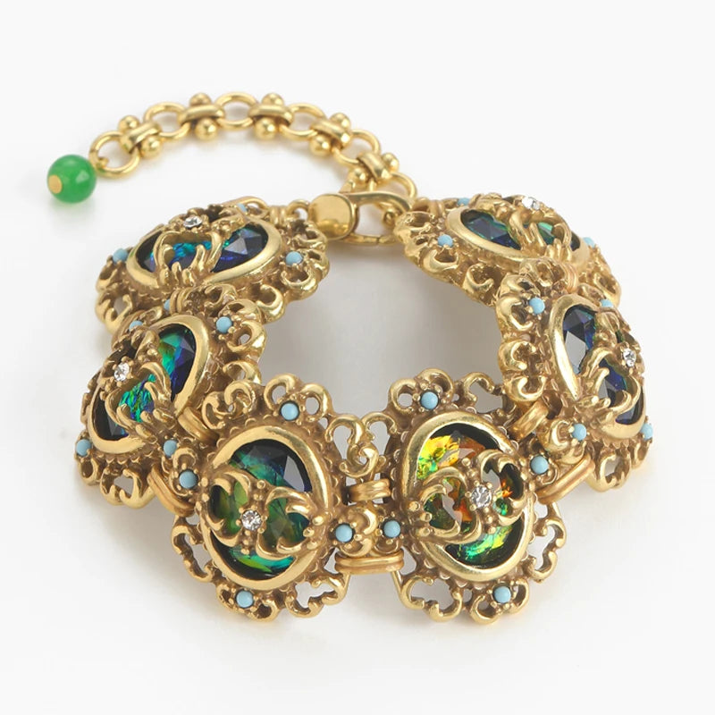 Vintage Hollow Rhinestone Opal Charm 18k Real Gold-Plated Dubai Designer Bracelet
