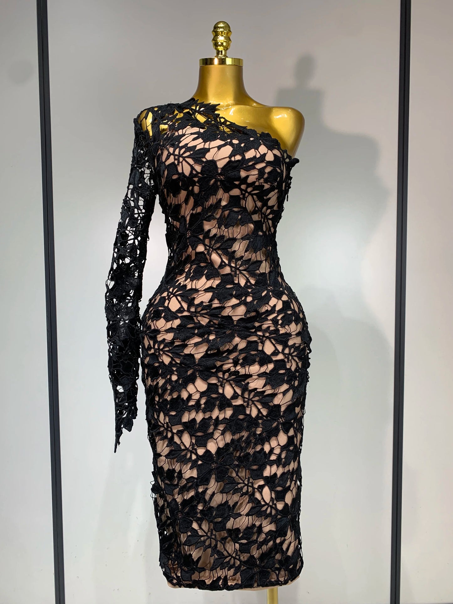 Sexy Lace Diagonal Collar Single Shoulder Long Sleeve Bandage Party Evening Dress