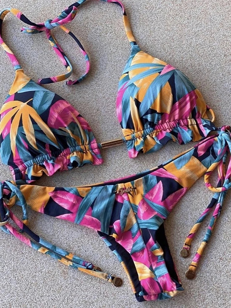 Sexy Micro Feather Print Bandage Swimwear Bathing Brazilian Bikini Suit