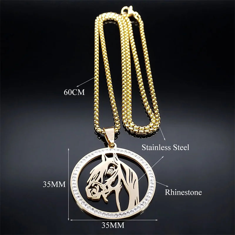 Men Women Stainless Steel Crystal Animal Chain Horse Head Pendant Necklace