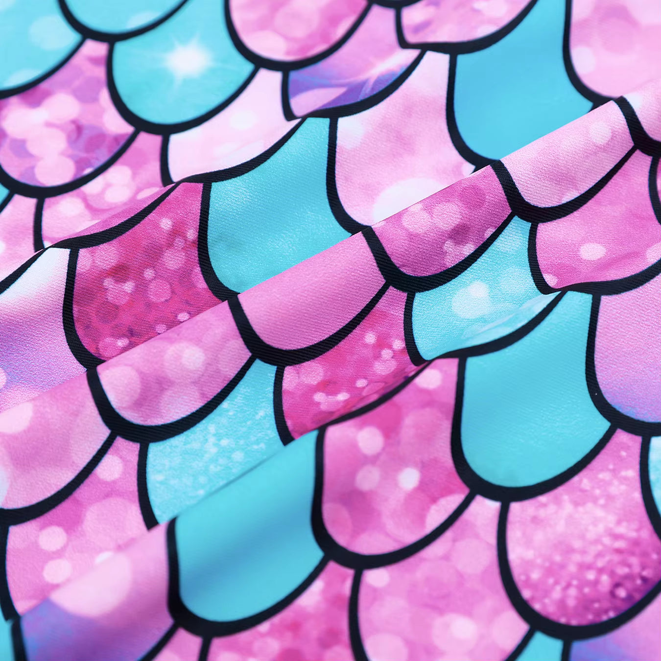 Kids Girls Pink One Piece Long Raglan Sleeve Scale Print Beach Boyleg Shorts Swimsuit Suit