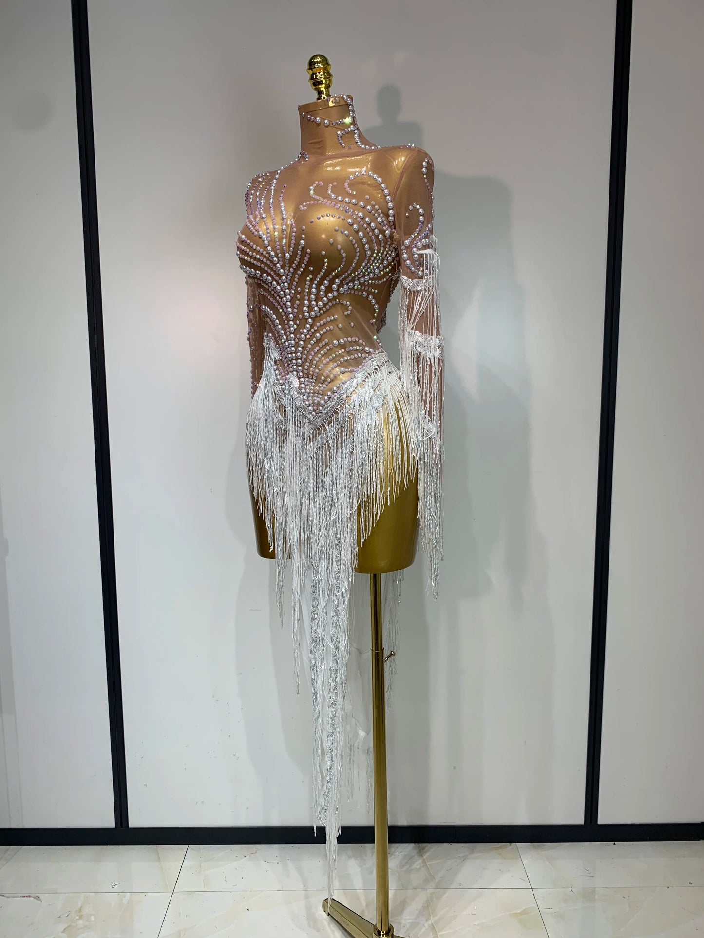 Sexy Rhinestone Sequins Tassel Mesh See Through Evening Party Nightclub Singer Sparkly Dress