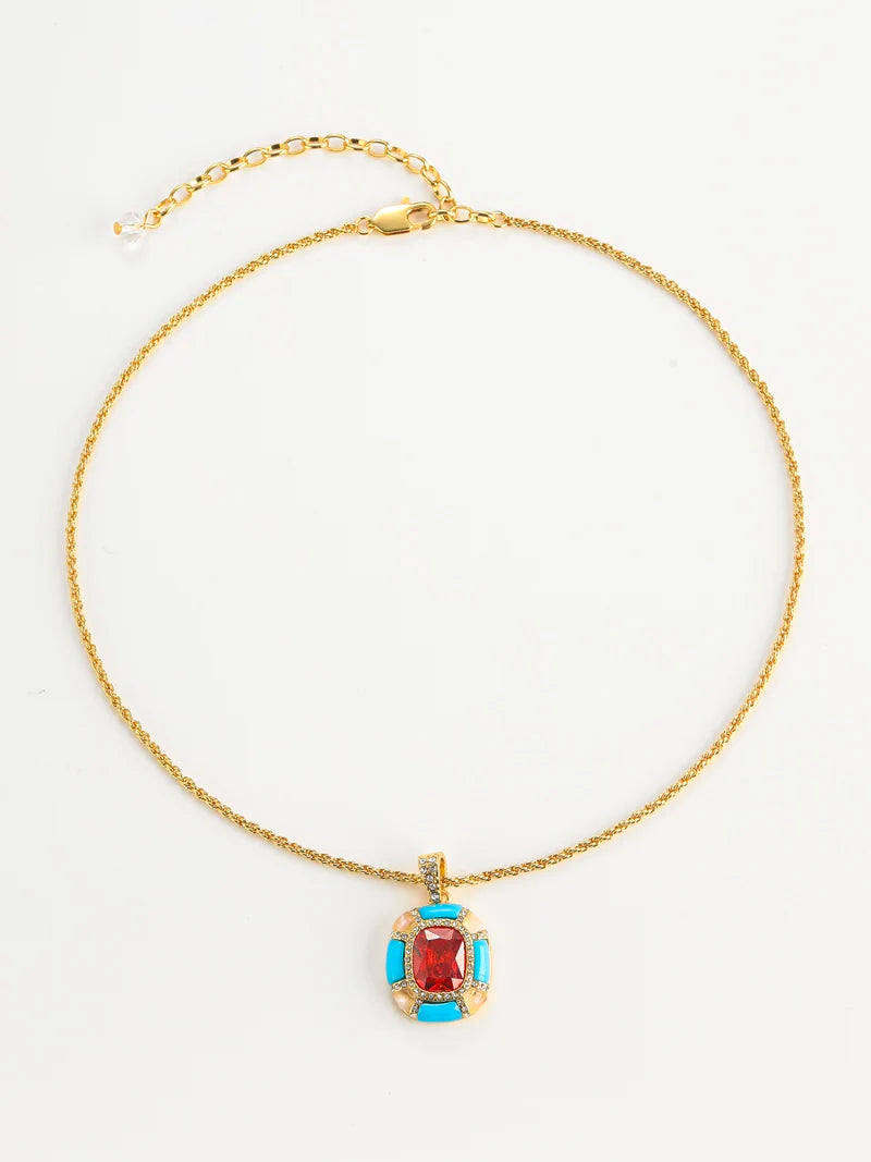 Vintage Designer Blue Enamel Red Glass Square Hanging French Stylish Luxury Charm Pendant Necklace