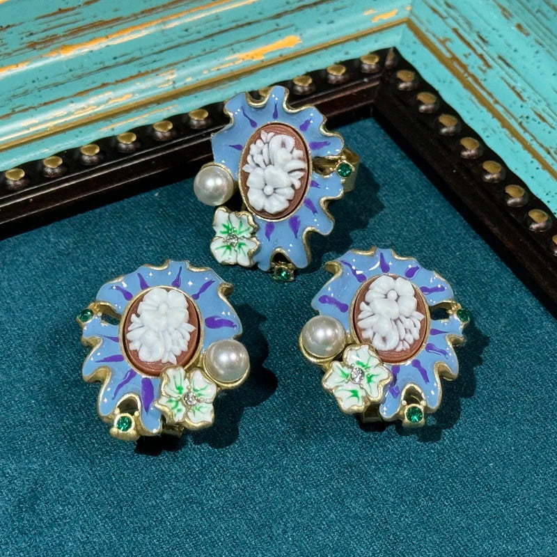 Vintage Monet Garden Blue Relief Flower Pearl Enamel Petals Earrings Jewelry Set