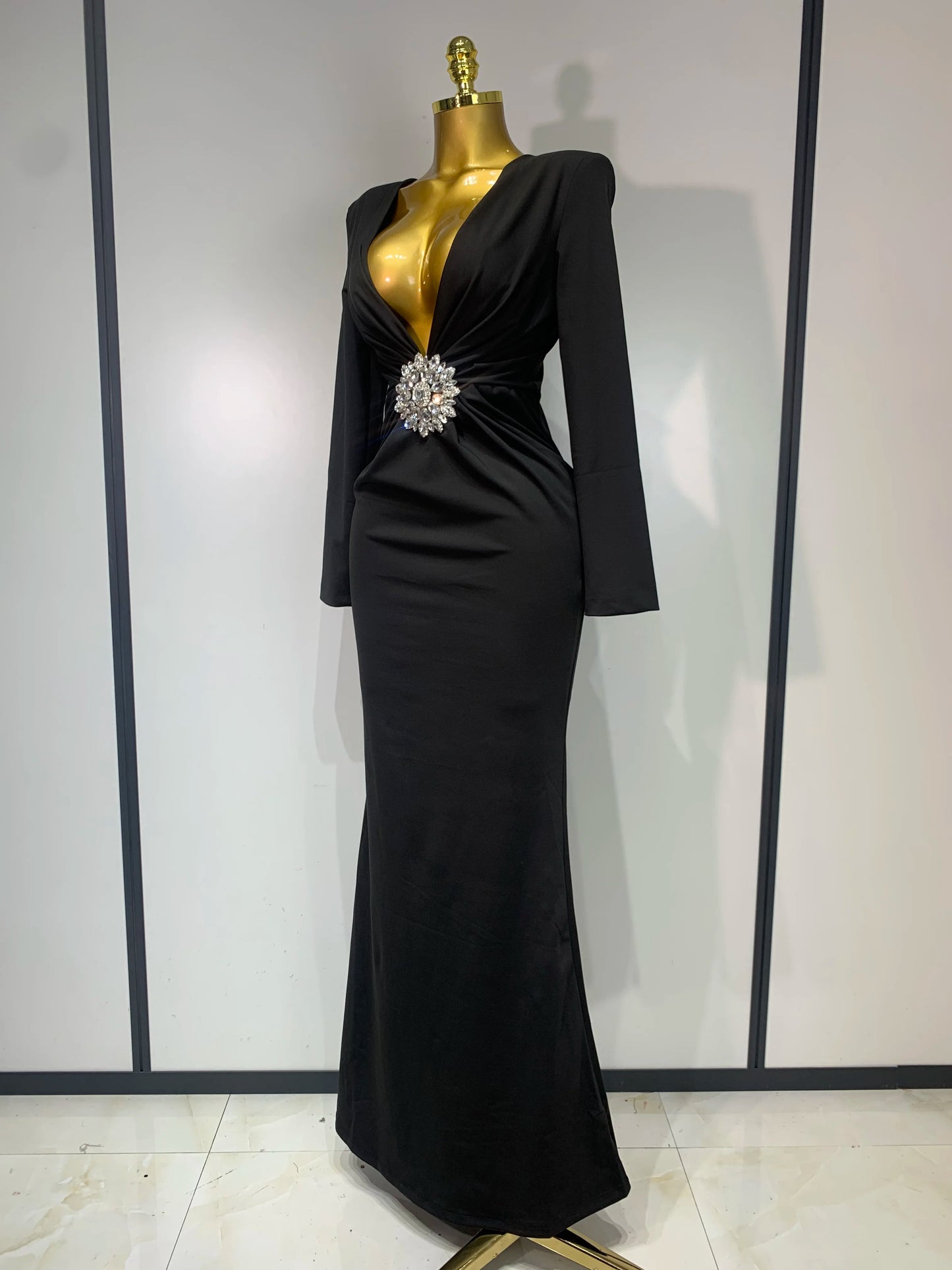 Black Diamond Bodycon Maxi Sexy Deep V Neck Long Sleeves Runway Party Evening Dress