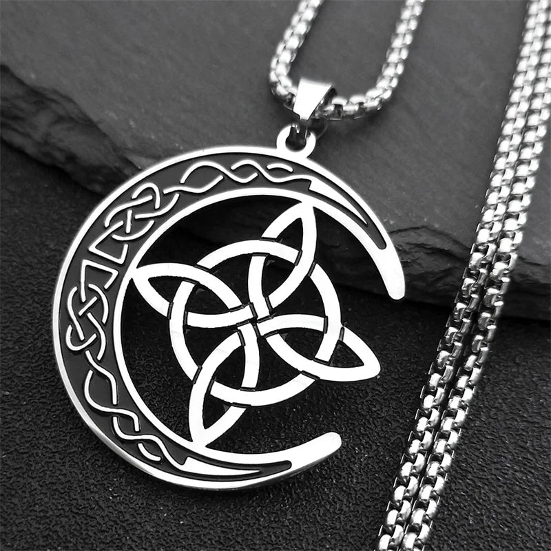 Crescent Celtic Irish Knot Stainless Steel Witch Moon Amulet Protection Chain Necklace
