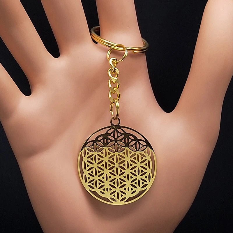 Women Men Flower of Life Stainless Steel Gold Color Mandala Long Necklace