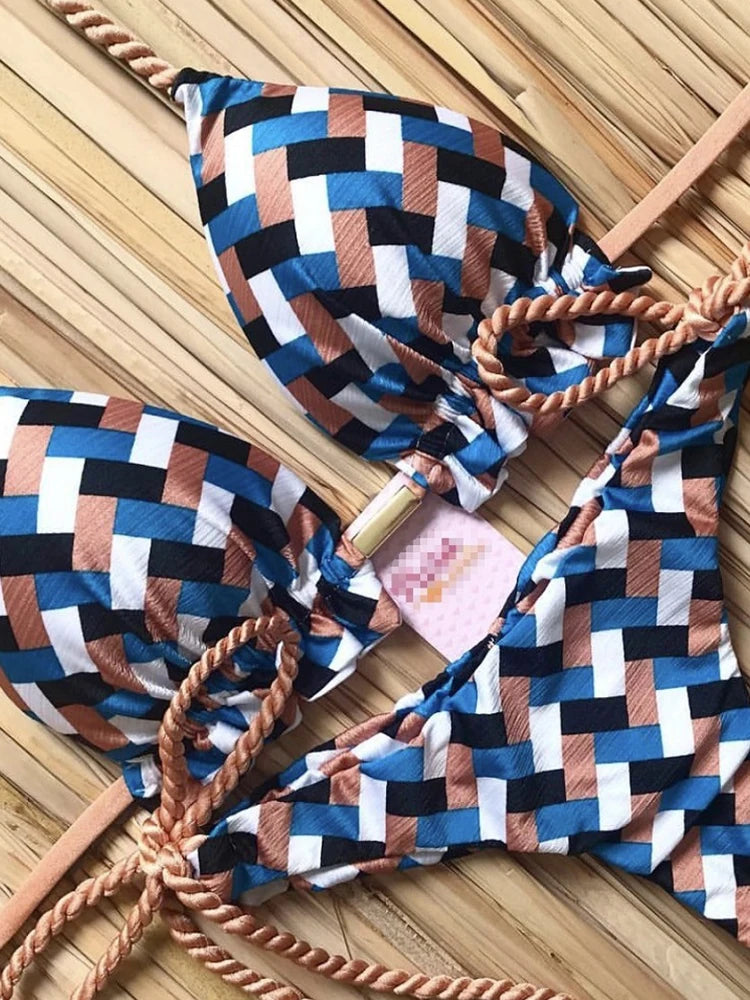 Striped Knotted Swimsuit Beach Sexy Thong Swimwear Bandage Brazilian Mirco Bikinis