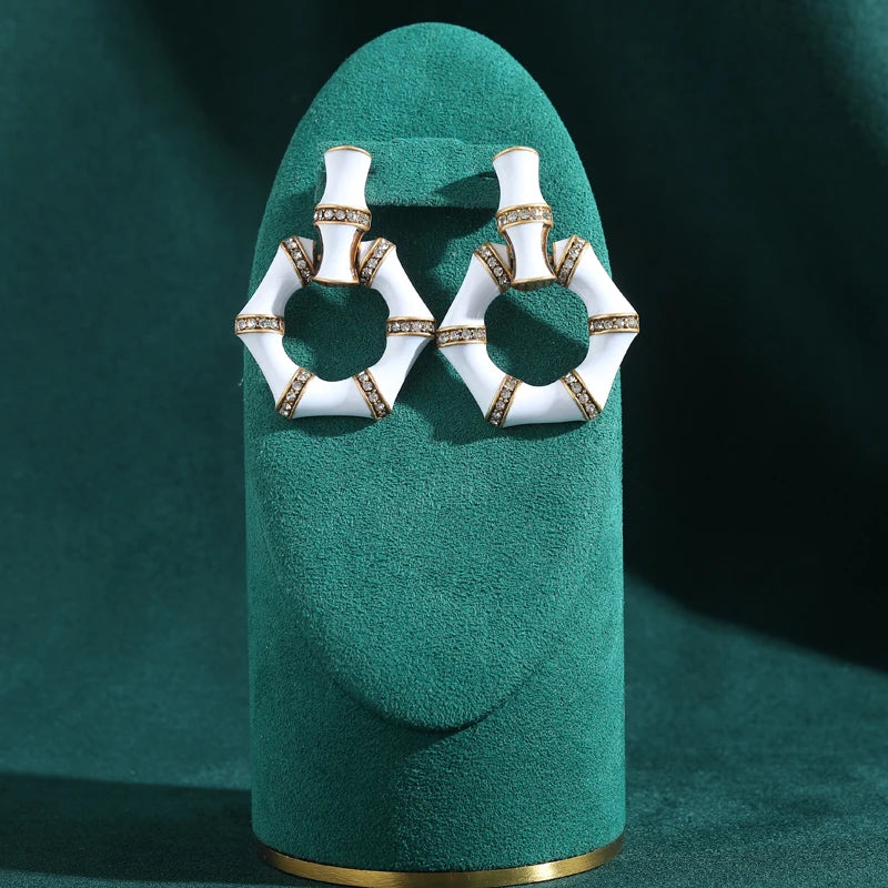 Vintage Drip Oil White Bamboo Women Geometric Hexagonal Designer Earrings