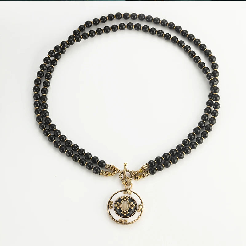 Vintage Black Natural Stone Bead Double Layered Chain Round White Pendant Antique Necklace