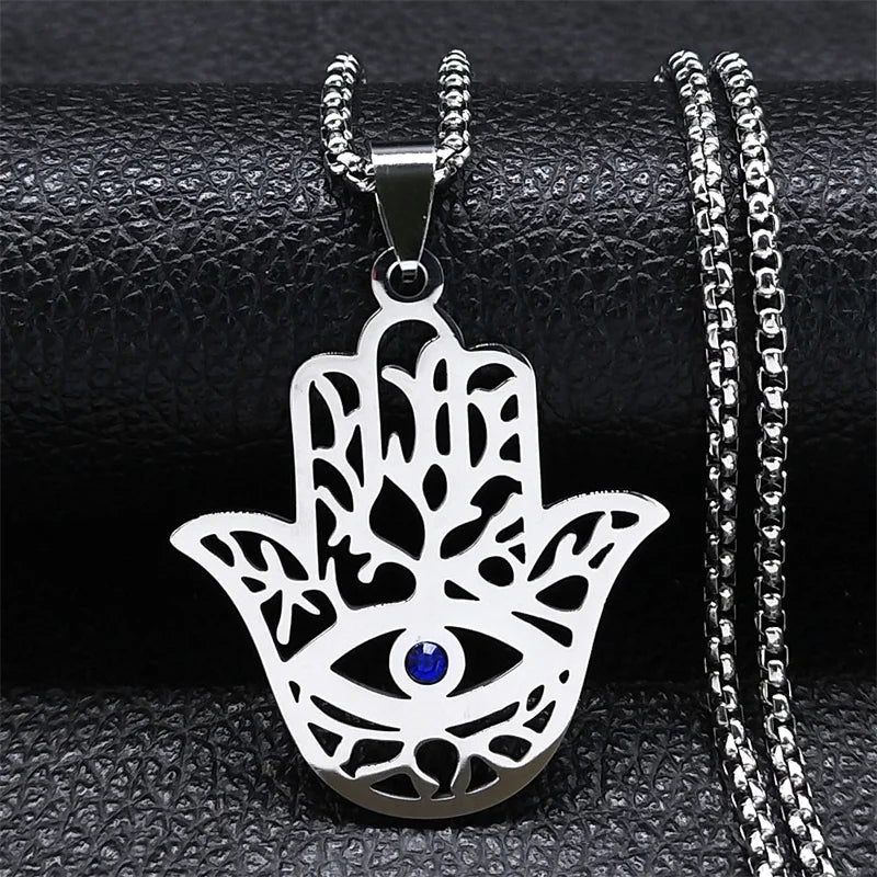 Hollow Fatima Hamsa Stainless Steel Gold Color Luck Hand Palm Blue Turkey Eye Pendants Necklace
