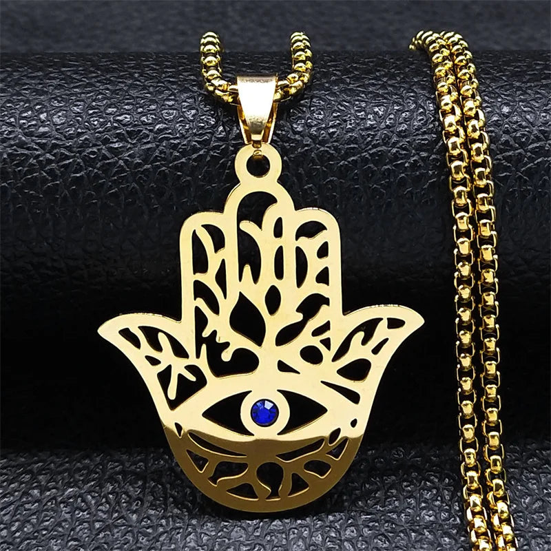 Hollow Fatima Hamsa Stainless Steel Gold Color Luck Hand Palm Blue Turkey Eye Pendants Necklace