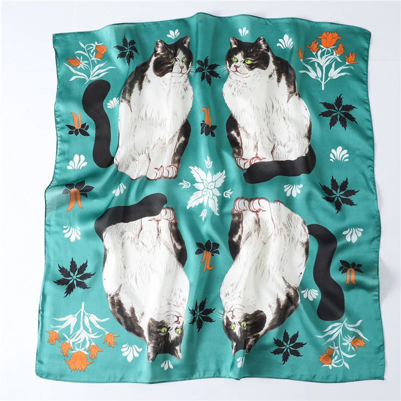 Women Fashion Silk Satin Cats Pets Printed Wrap Scarf Bandana Scarves
