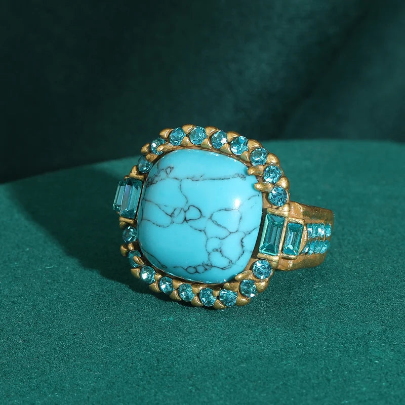 Vintage Art Deco Turquoise 18K Gold-Plated Prong-Set Stone Designer Ring