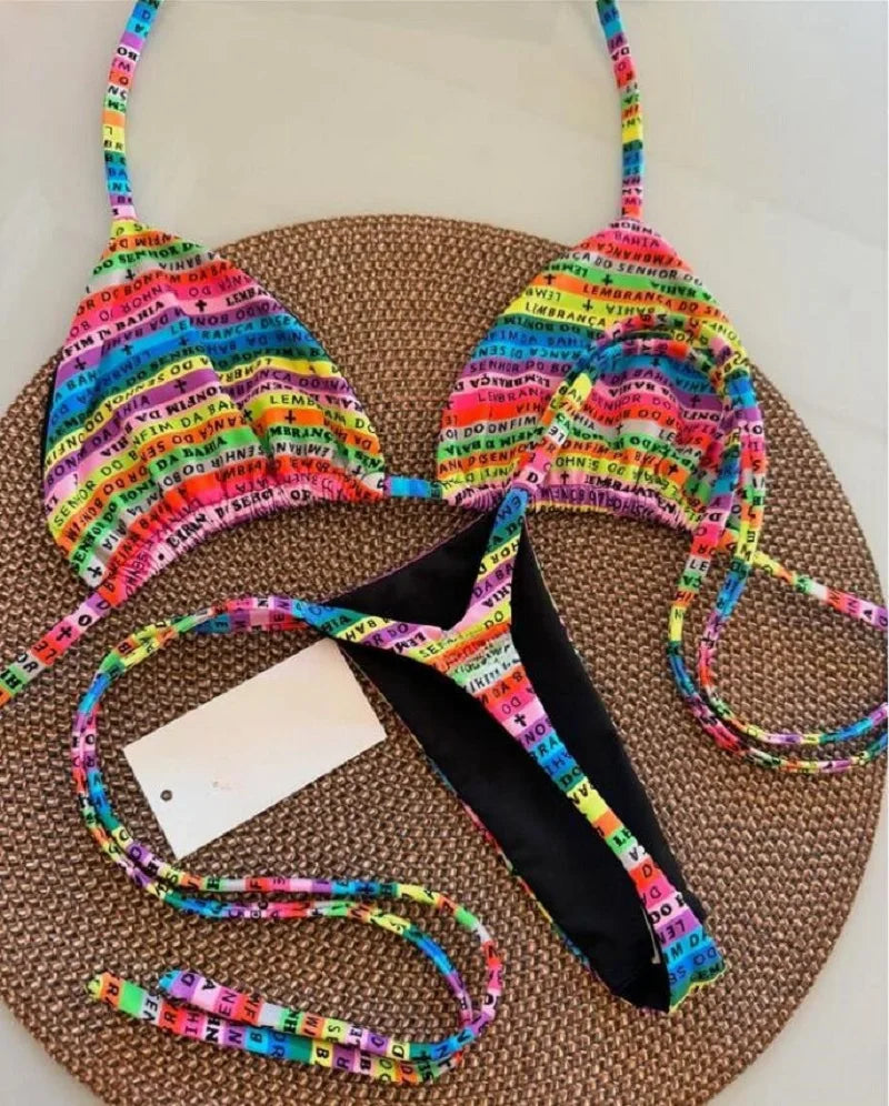 Sexy Printed Letters Colorful Mini Thong Bikini Swimwear Two-pieces Bikini Bathing Suit