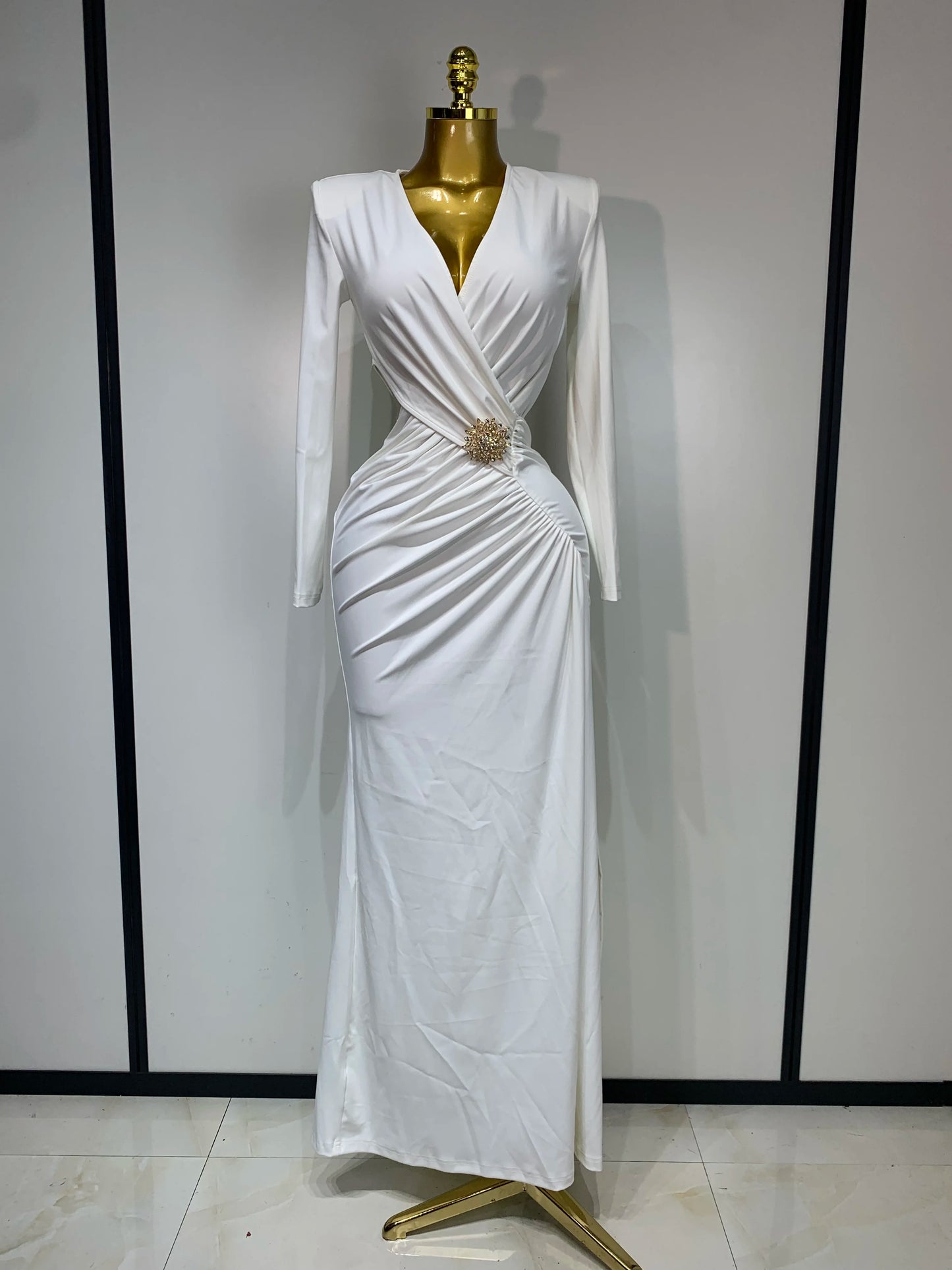 Sexy Long Sleeve V Neck Hollow Out Bodycon Cross Pleated High Split Maxi Club Party Evening Dress