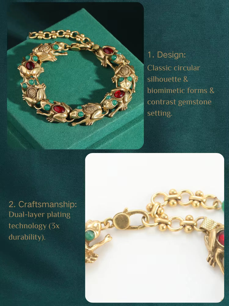 Women Vintage Adjustable Frog Natural Stone Eyes 18K Gold Plated Charm Bracelet
