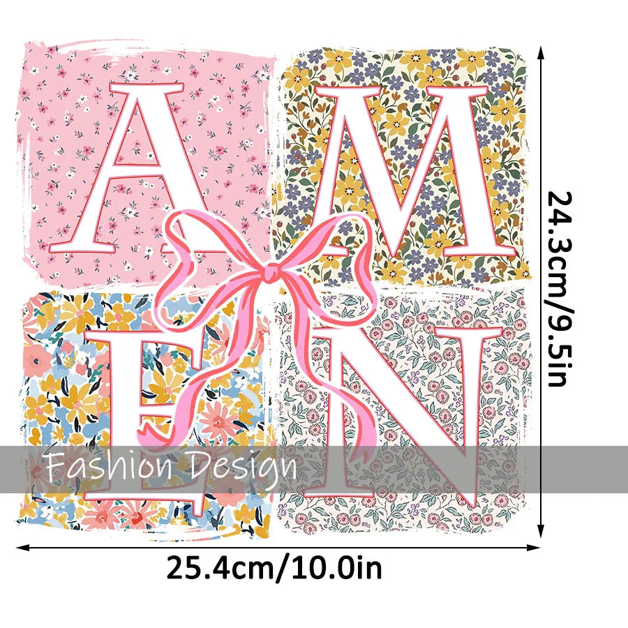 Floral Amen Bible Verses DIY Iron-On Heat Transfer Sticker Decal T-shirts Sweatshirts Bag Clothes Pillow Decor
