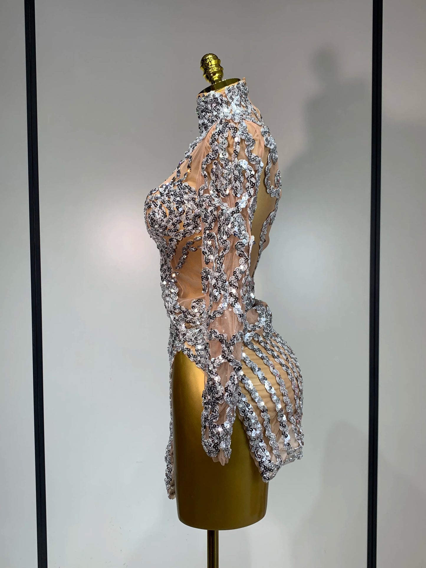 Sparkly Silver Gold Sequins Shor Sexy High Slit Nightclub Evening Party Birthday Dress