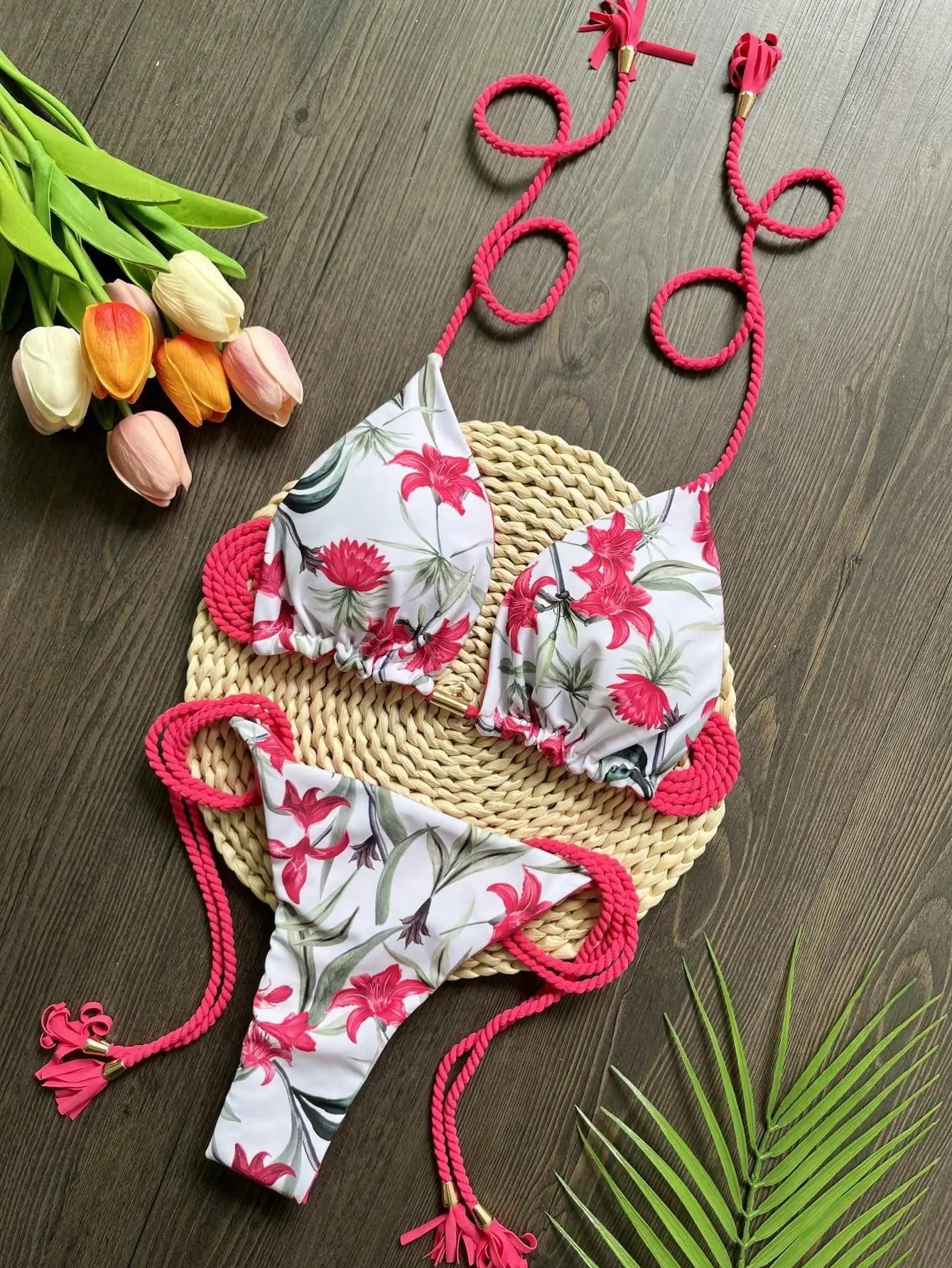 Sexy Plant Print Swimsuit Braiding Rope Bandage Bikinis Bathing Suit