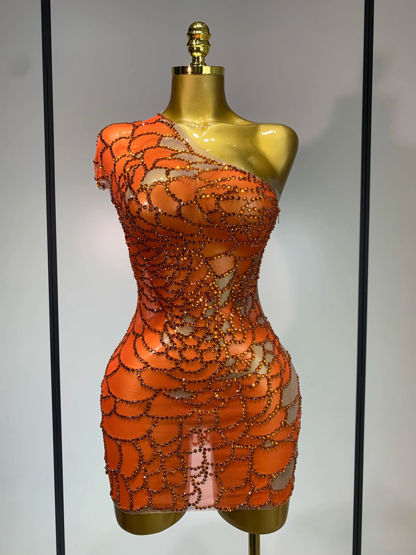 Women Sexy Mesh See Through One Shoulder Rhinestones Nightclub Evening Party Birthday Mini Dress
