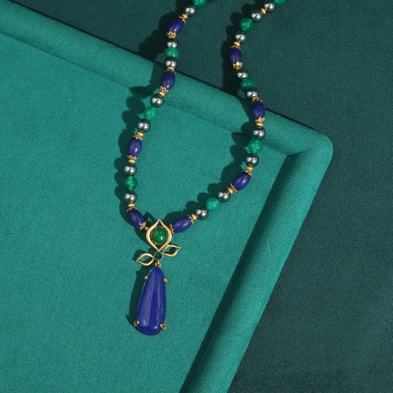 Women Long Blue Natural Stone Vintage Beaded Chain Pearl Designer Pendant Necklaces