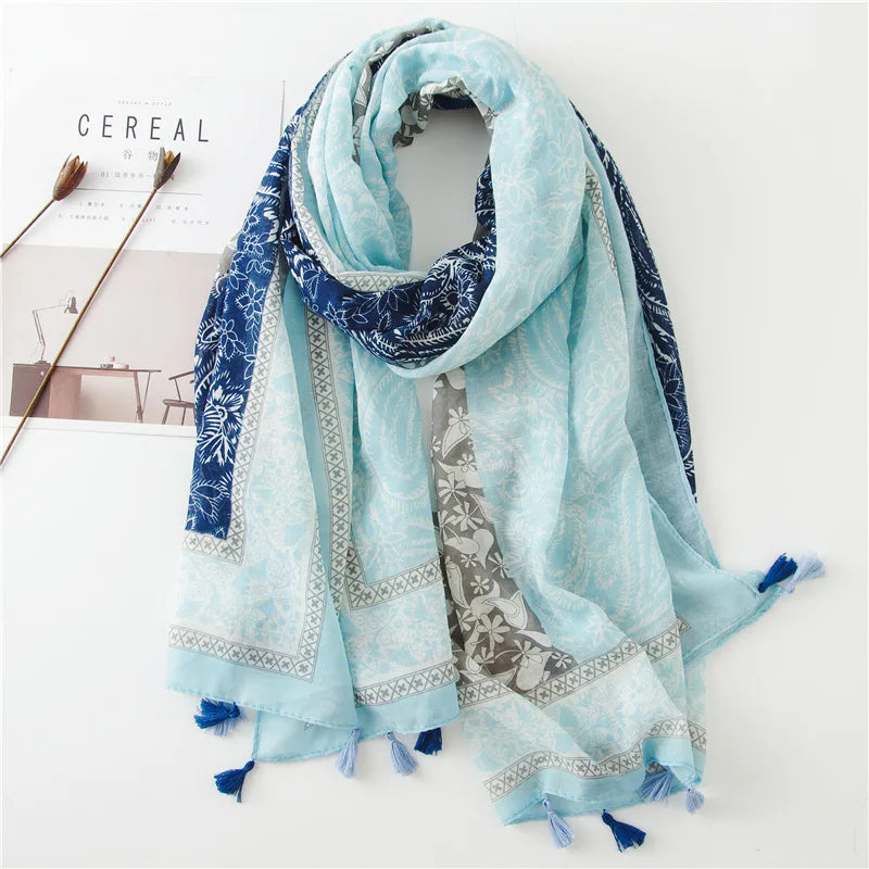 Women Fashion Large Cotton Flower Designs Tassel Prints Scarves Wrap Shawl Scarf