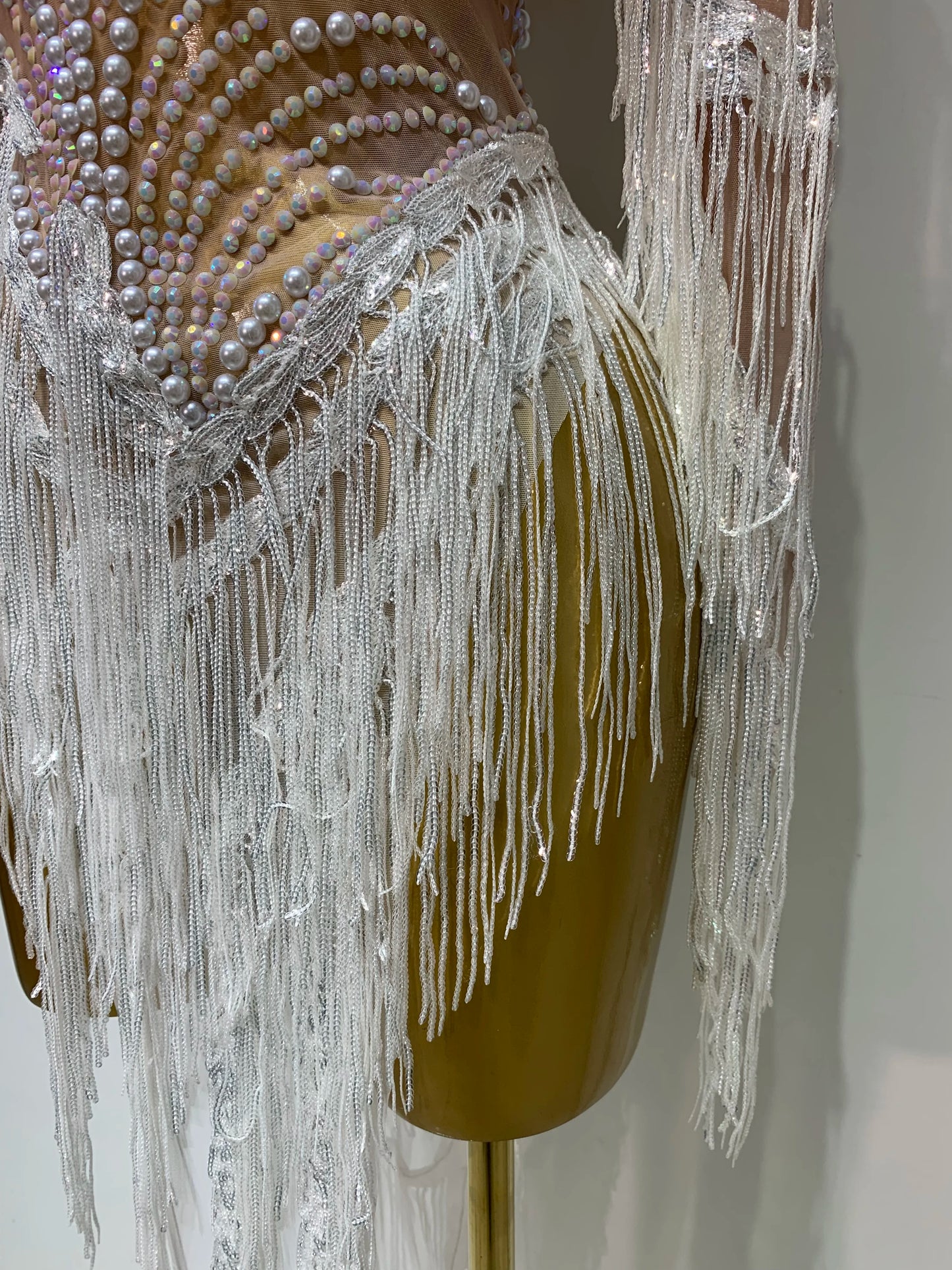 Sexy Rhinestone Sequins Tassel Mesh See Through Evening Party Nightclub Singer Sparkly Dress