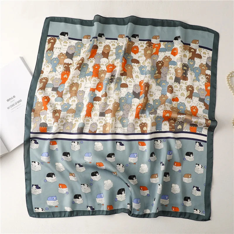 Women Fashion Silk Satin Cats Pets Printed Wrap Scarf Bandana Scarves
