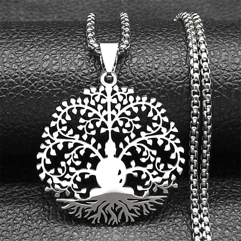 Unisex Tree of Life Buddhism Meditation Stainless Steel Gold Color Chain Necklace