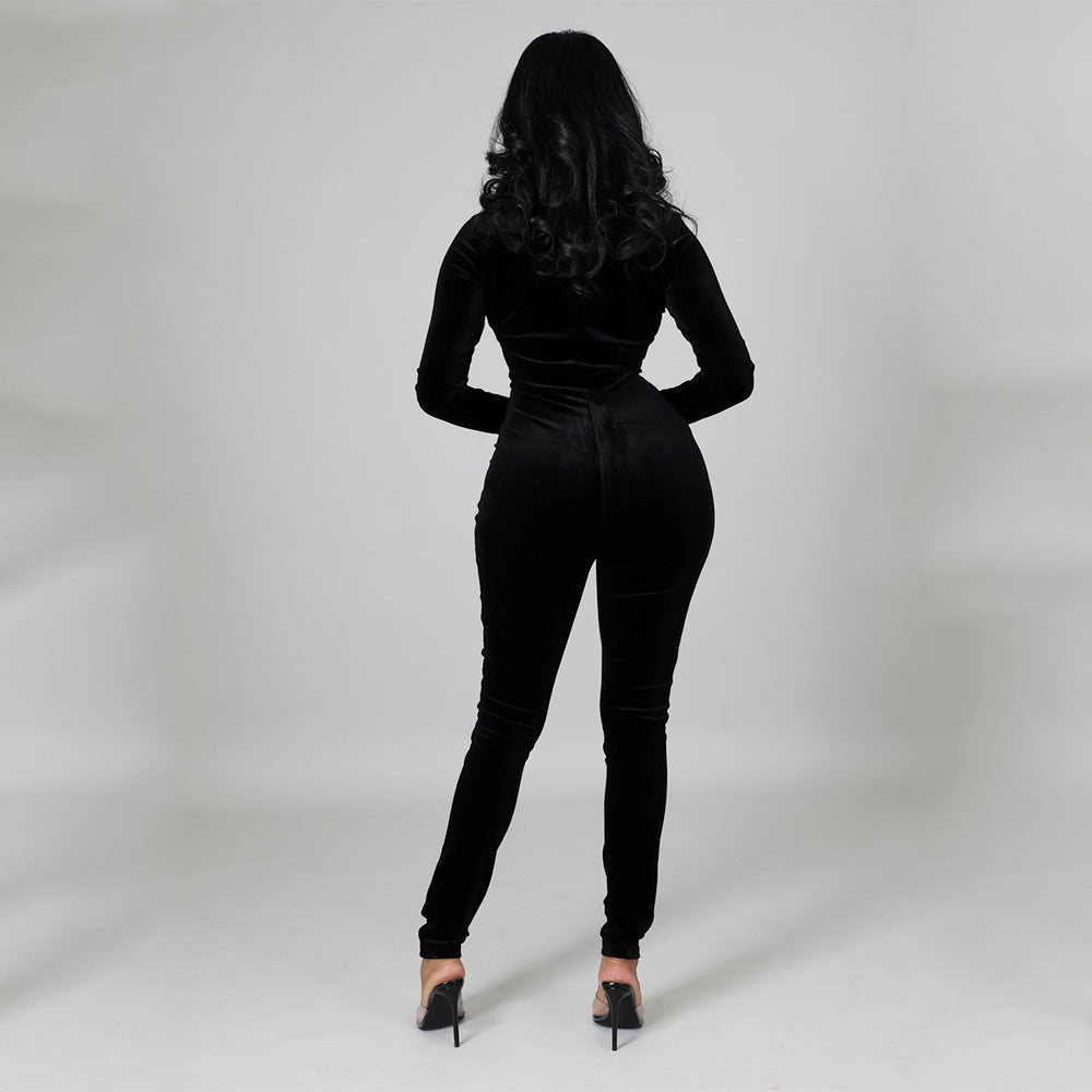 Sexy Skinny Gold Velvet Stitching Long-Sleeved Nightclub Party Jumpsuit