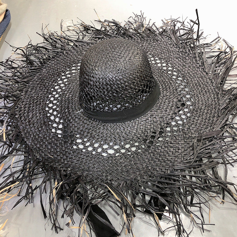 Women Fashion Tassel Big Brim Raffia Colorful Sunshade Hat