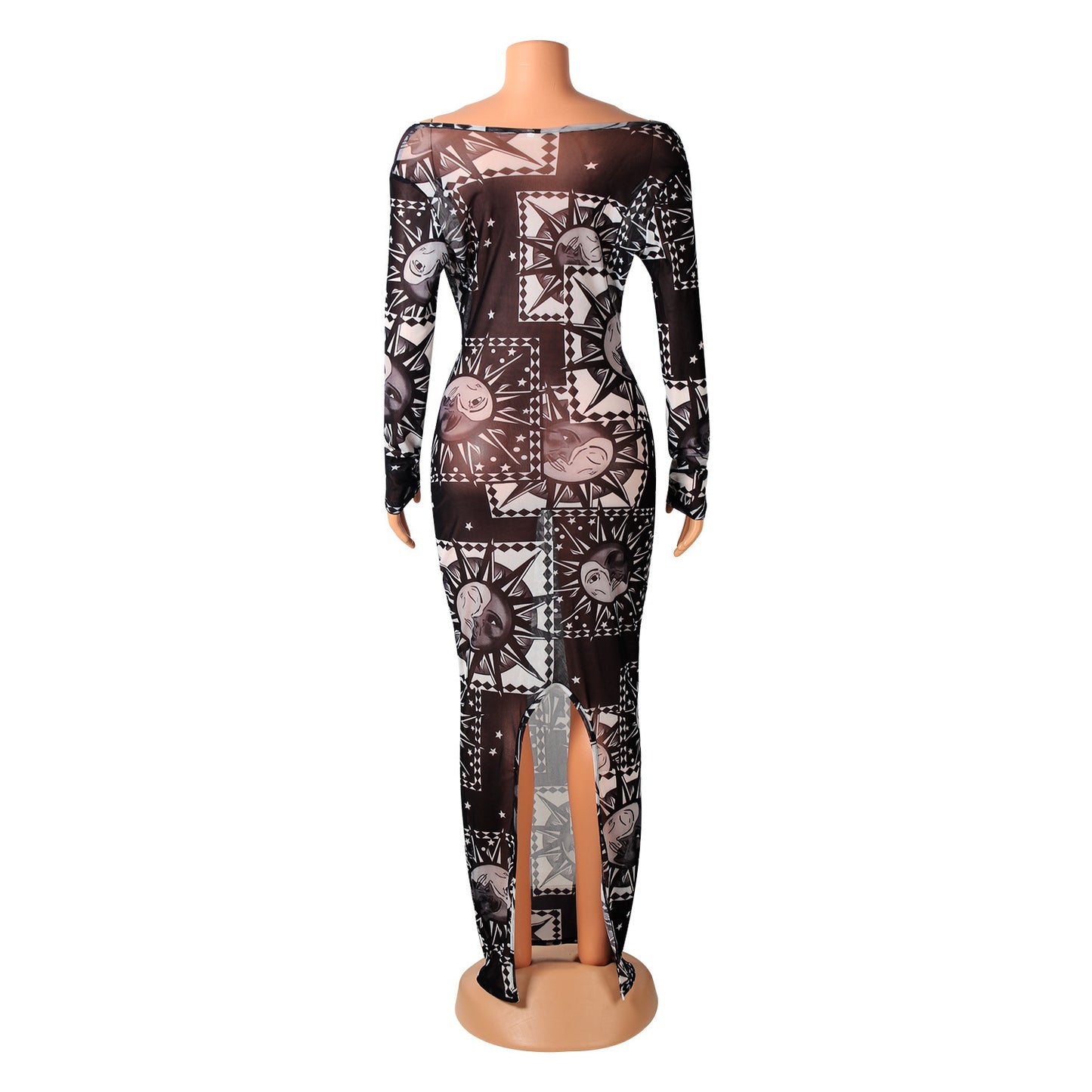 Sexy Slim Fashion See-Through Print Long Sleeve Night Clubwear Party Dress