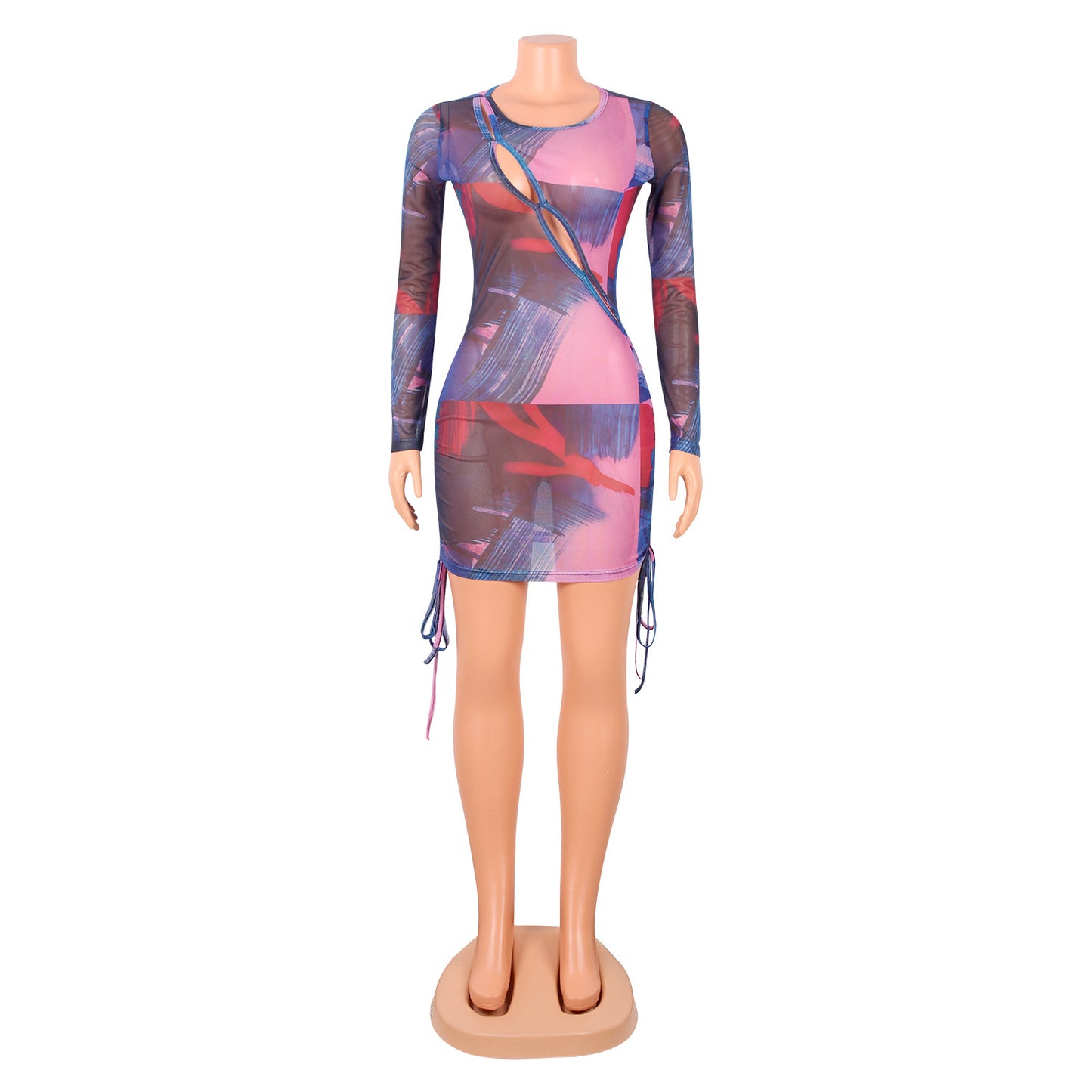 Nightclub Sexy Net Gauze See-Through Long-Sleeved Party Dress