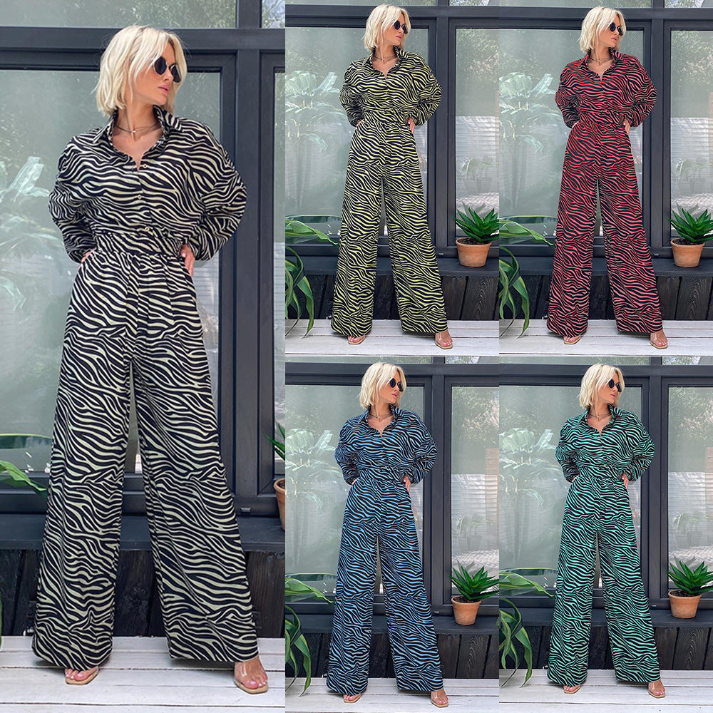 Fashion Print Lapel Long Sleeve High Waist Loose Party Jumpsuit