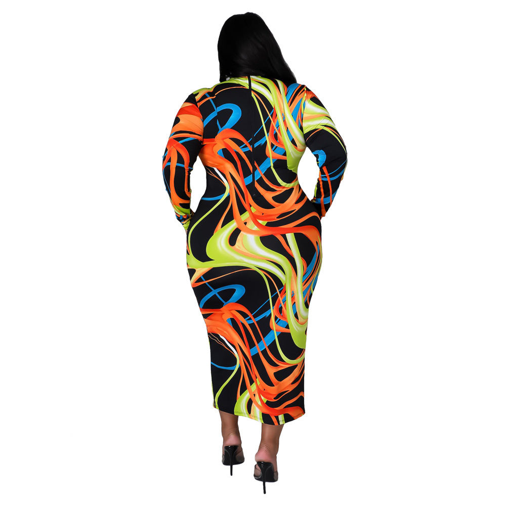 Plus Size Sexy Tight Sexy Long Sleeve Printed Night Club Party Dress