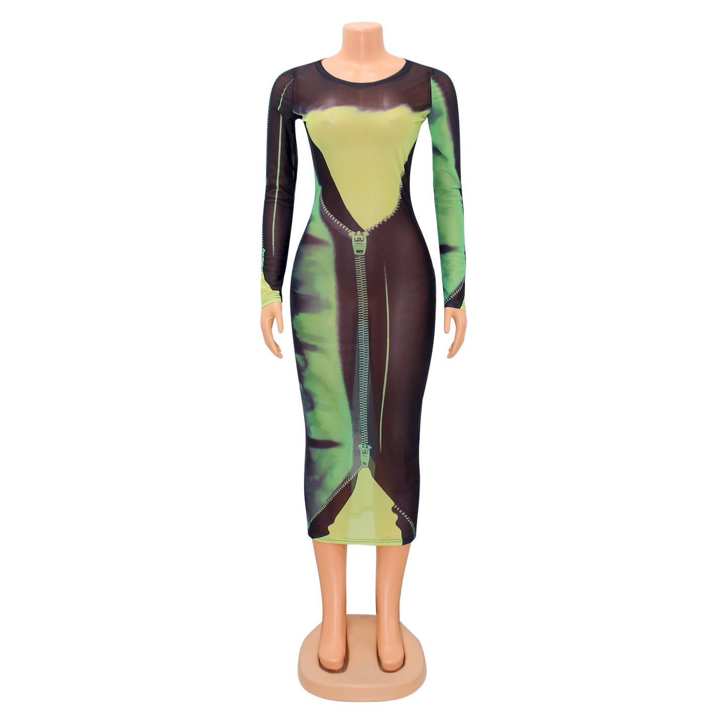 Sexy Fashion Mesh Print Long Sleeve Midi Might Club Party Dress