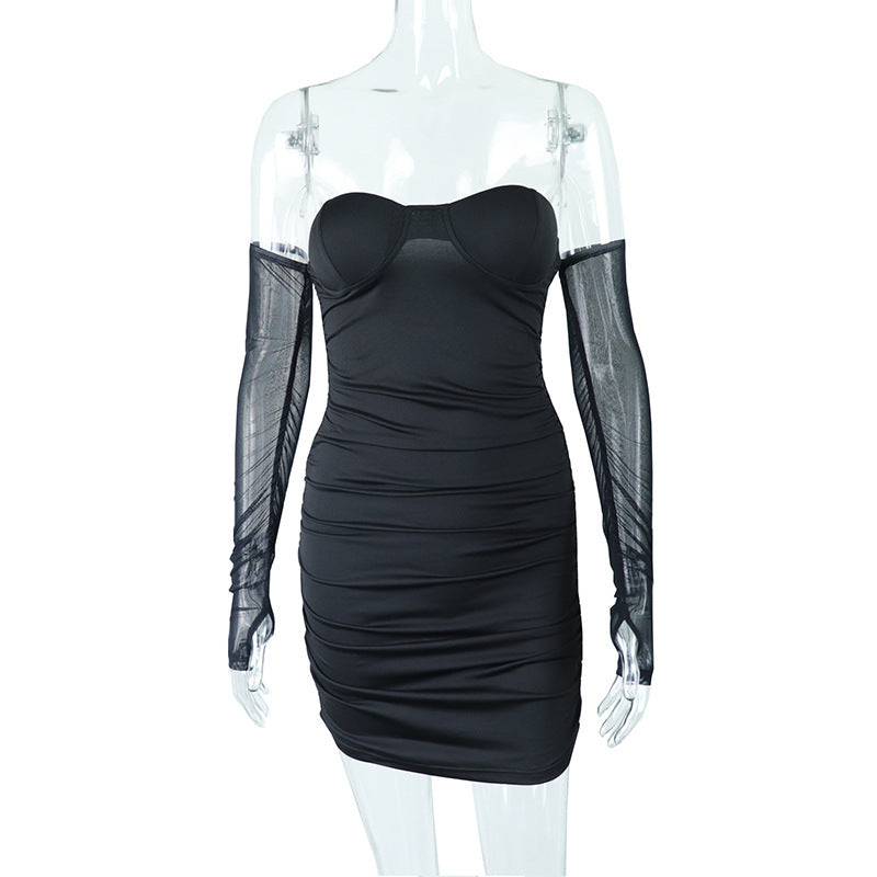 Sexy Mesh Panel Long Sleeve Mid Waist Hip Night Party Dress