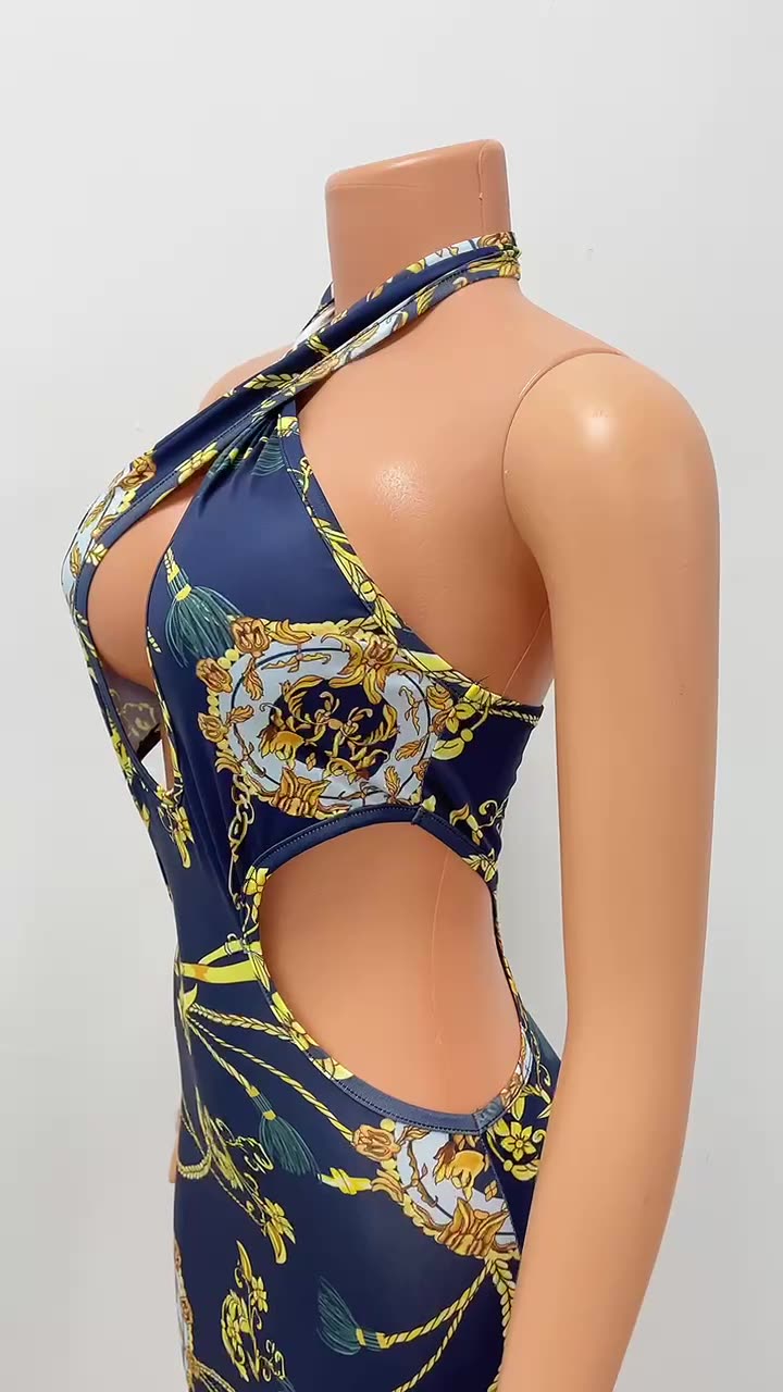 Women's Skinny Print Cutout Halter Nightclub Party Dress